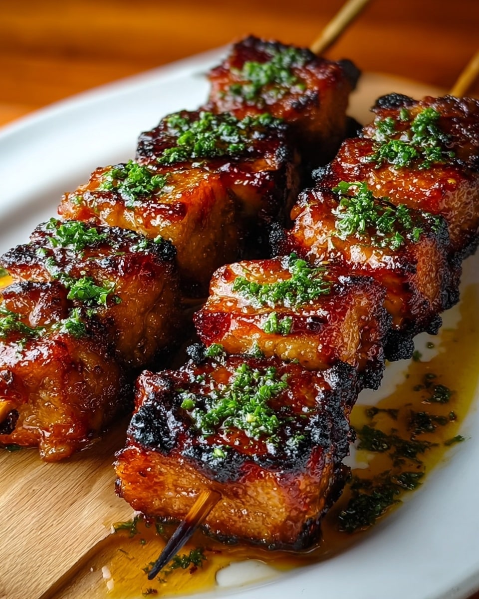 Two grilled meat skewers rest on a white plate, each made of several chunky, square pieces of caramelized, golden-brown meat with dark crispy edges. The meat glistens with a sticky glaze and is topped with small patches of bright green chopped herbs, adding a fresh contrast to the rich colors. The white plate sits on a wooden board, enhancing the warm and rustic feel of the dish. photo taken with an iphone --ar 4:5 --v 7