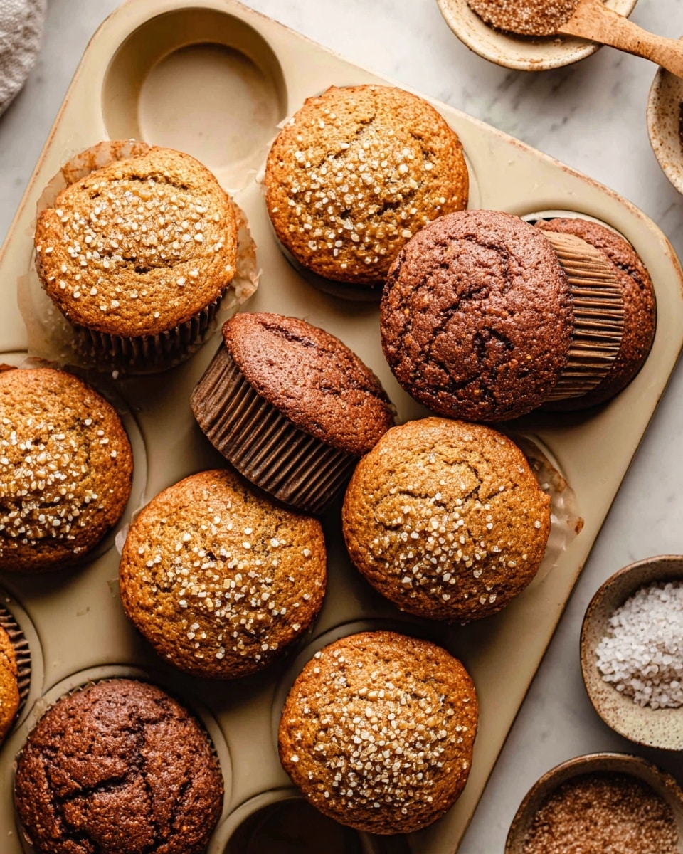 A close-up of a brown muffin with a rough texture, broken in half to show its soft, crumbly inside with small air holes, sitting inside a beige paper liner. The top is sprinkled with coarse sugar crystals adding a crunchy appearance. Surrounding the muffin are other whole muffins with a similar brown color and rough texture. In the background, several cinnamon sticks are laid diagonally. All items rest on a beige muffin tray. Photo taken with an iphone --ar 4:5 --v 7