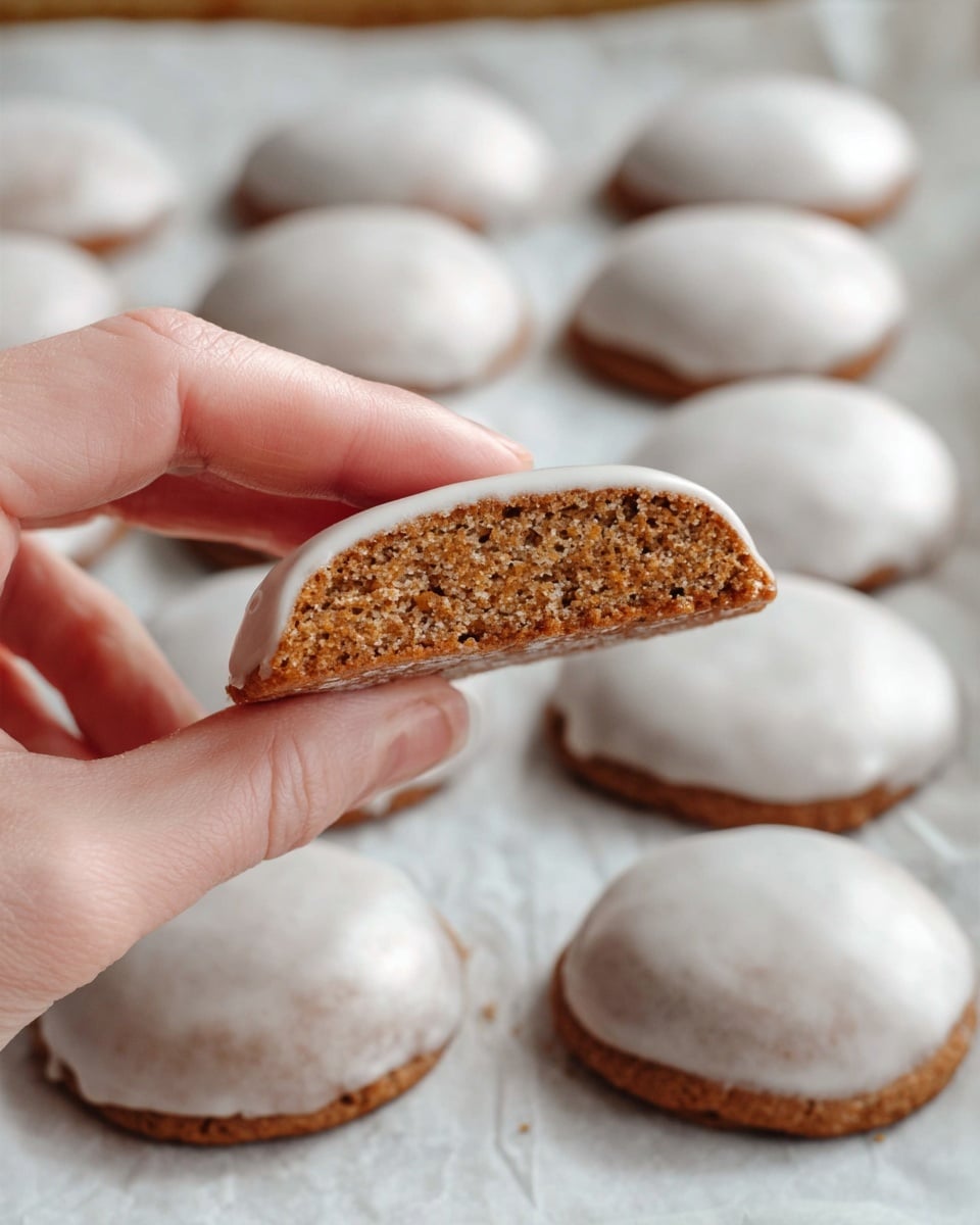 A woman's hand holds a half-eaten round cookie with a smooth light grayish-white icing layer on top, revealing an inner soft brown crumb with small air holes. The cookie has one visible layer of dense, moist brown dough beneath the thin, glossy icing. Below, many whole iced cookies of similar size and color sit on white parchment paper over a white marbled surface, arranged neatly in rows. The background is softly blurred, focusing on the hand-held cookie in the foreground. photo taken with an iphone --ar 4:5 --v 7