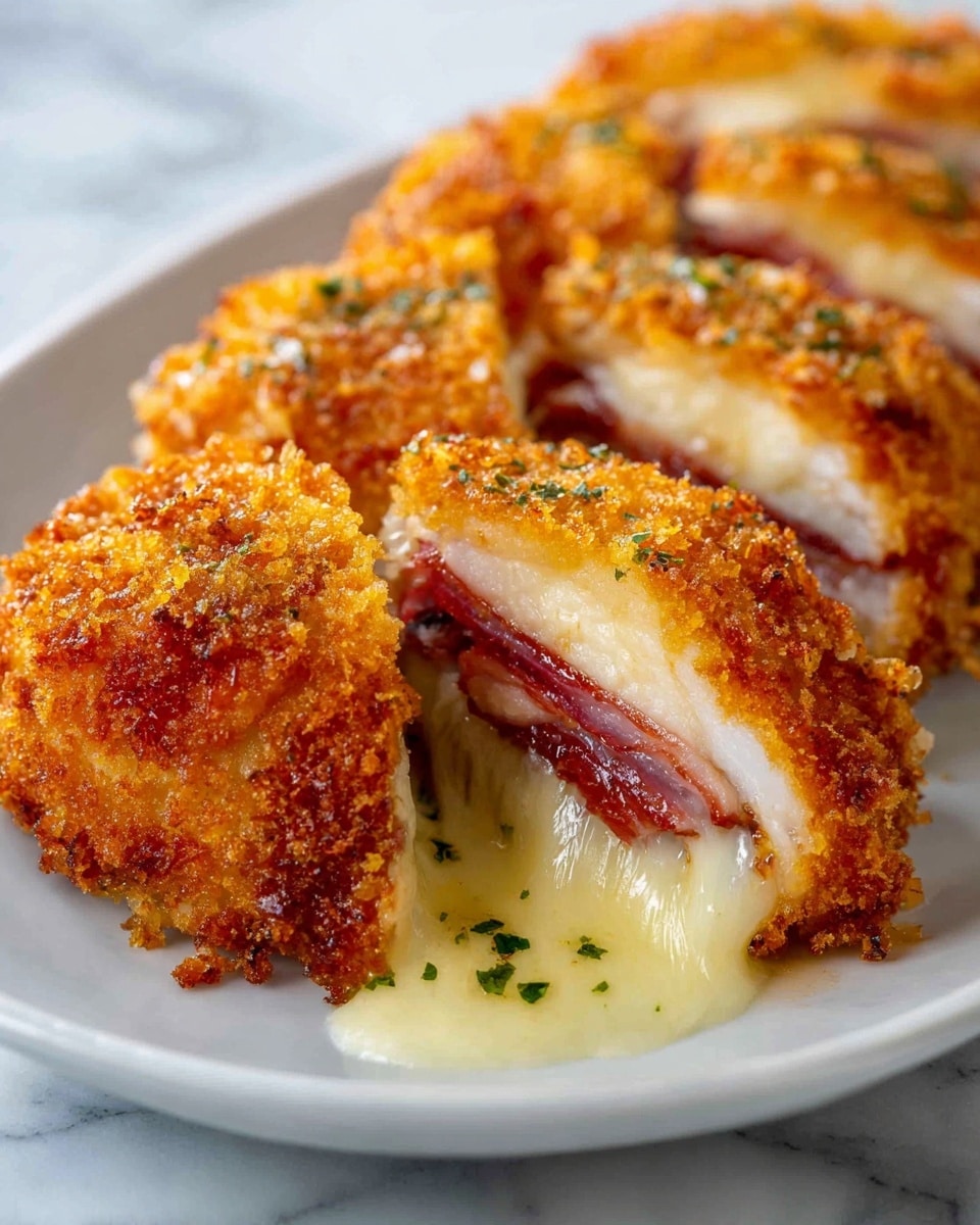 The image shows a close-up of a breaded and fried food item cut into pieces, displayed on a white plate. Each piece has three visible layers: the outer layer is golden brown and crispy with a coarse texture; inside that is a white layer of tender, cooked meat; beneath the meat is a thin layer of red cured meat or ham; and the central layer is creamy, melted cheese with green herb flecks. The pieces are arranged in a row, with focus on the front piece showing the gooey melted cheese stretching slightly. The plate sits on a white marbled surface. photo taken with an iphone --ar 4:5 --v 7