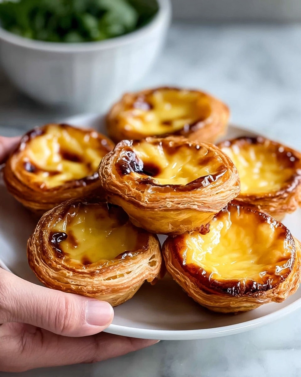 A white plate holds seven Portuguese egg tarts arranged closely together, each tart made of multiple flaky, golden-brown layers of pastry that look crisp and slightly shiny. The tops of the tarts have a creamy yellow custard filling that is smooth and glossy with some caramelized dark brown spots, giving a slightly burnt look around the edges. A woman's hand is gently holding the edge of the plate from the left side, with a blurred white bowl filled with green leaves in the background, all on a white marbled surface. Photo taken with an iphone --ar 4:5 --v 7