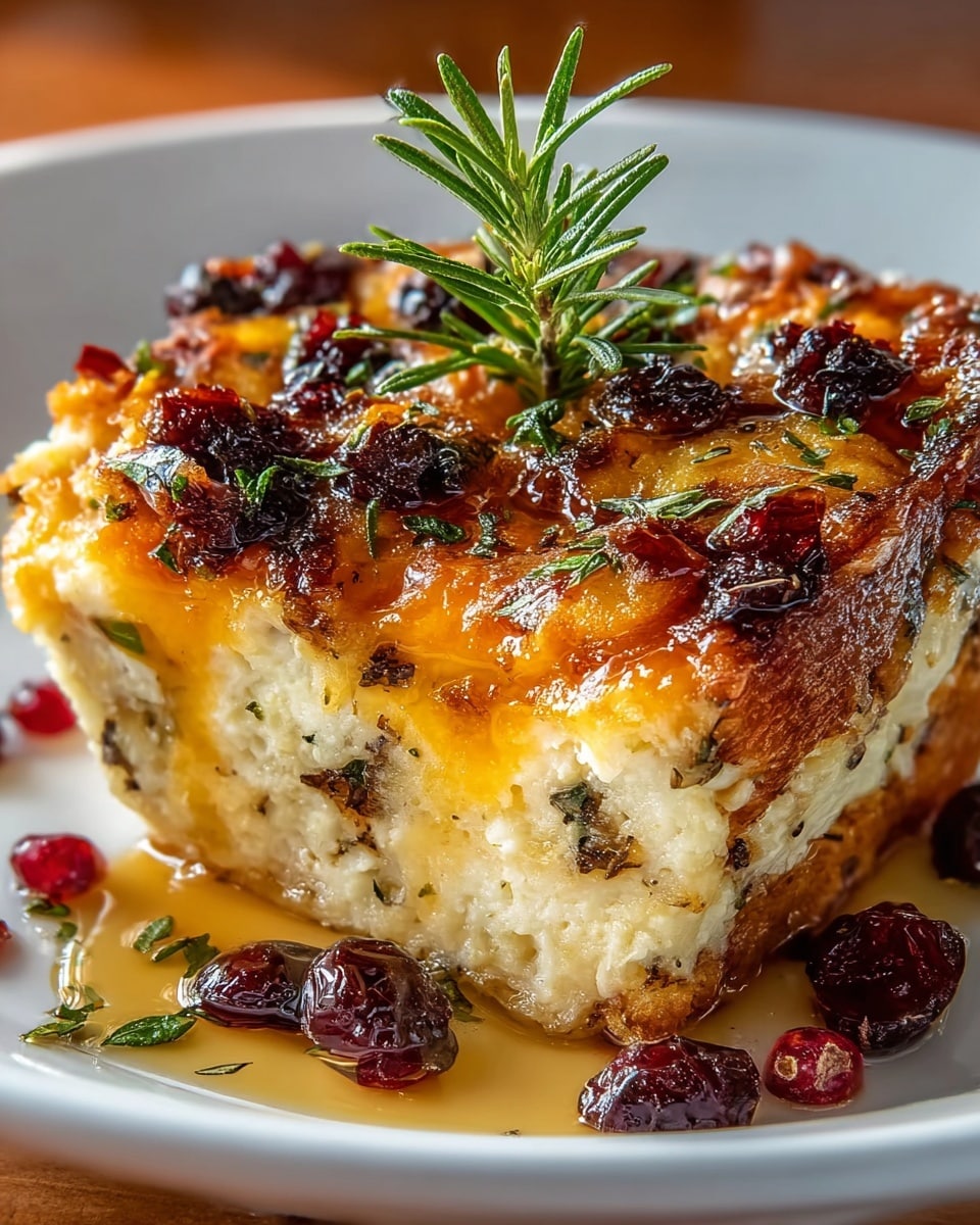 A close-up view of a baked dish slice on a white plate, showing three main layers: a golden-brown crispy top layer with caramelized spots and small green herb bits, a middle layer shining with melted orange cheese, and a bottom layer that is soft and creamy beige with visible herbs. The slice is garnished with red dried berries scattered around and a fresh green rosemary sprig on top. The plate rests on a white marbled surface, and the dish appears moist and glossy with some syrup or sauce pooling at the base. Photo taken with an iphone --ar 4:5 --v 7