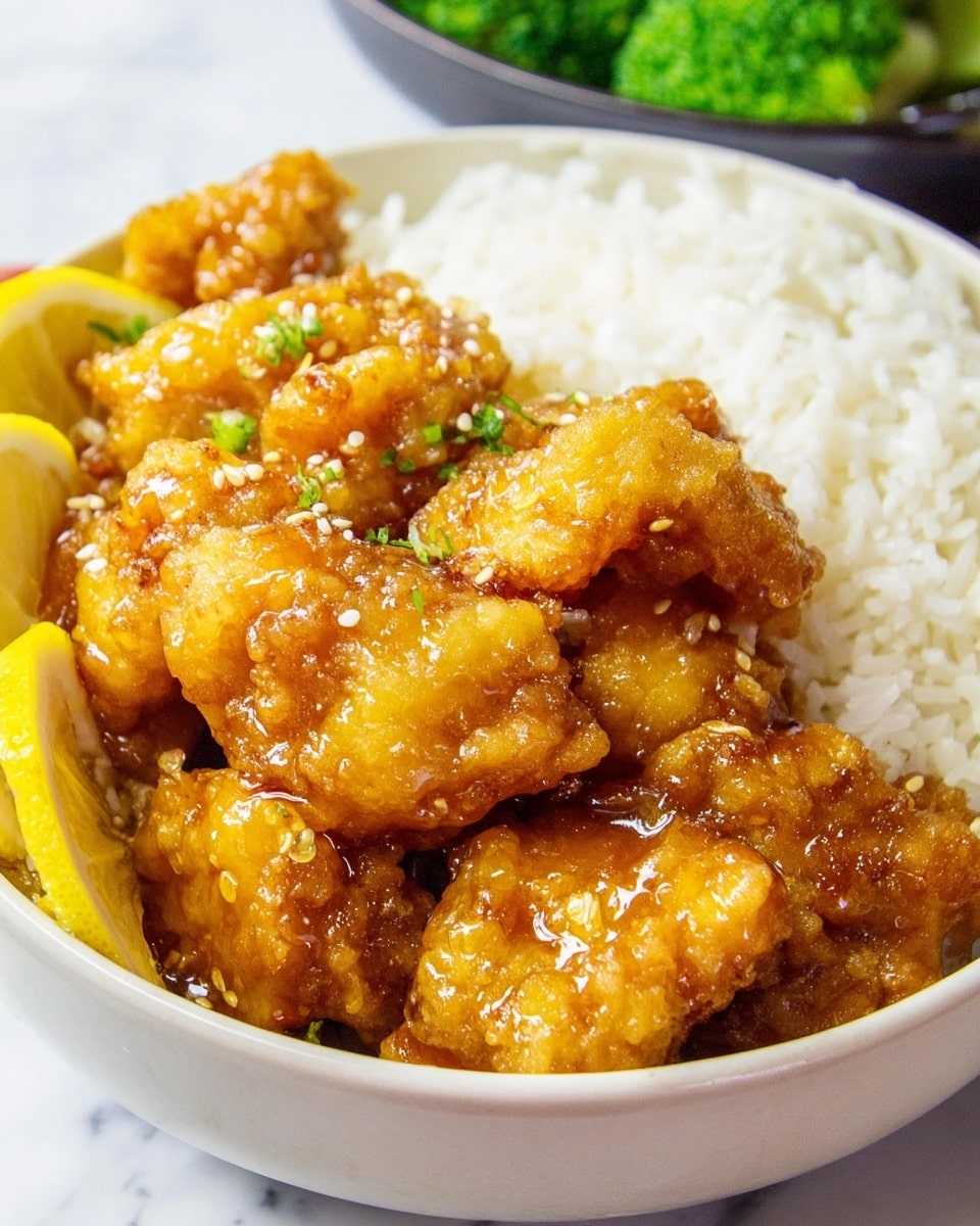 The dish shows a close-up of golden fried chicken pieces coated in a shiny, sticky orange glaze, arranged in one layer inside a white bowl. Bright yellow lemon slices peek out beneath the chicken, adding contrast. On one side of the bowl, there is a neat mound of fluffy white rice, providing a soft texture compared to the crispy chicken. The bowl sits on a white marbled surface, enhancing the colors of the food. In the blurred background, a hint of green broccoli adds a fresh touch to the meal. Photo taken with an iphone --ar 4:5 --v 7