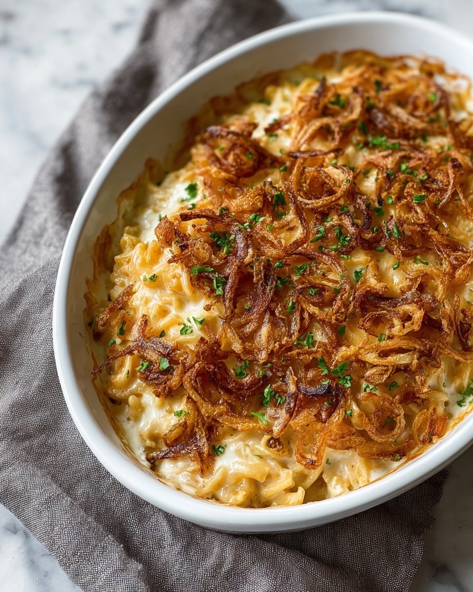 A white oval dish holds a creamy baked pasta casserole with three visible layers: the bottom layer is soft, orange-brown cooked pasta mixed with melted cheese; the middle layer is a rich light beige sauce coating the pasta well; the top layer is crispy golden-brown fried onions scattered evenly across, with small green herb bits sprinkled on top for color. The dish sits on a soft gray cloth on a white marbled surface. Photo taken with an iphone --ar 4:5 --v 7