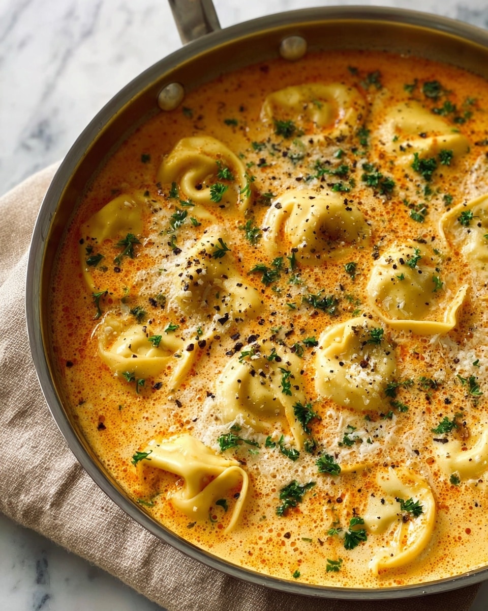 A close-up view of a pan filled with creamy, orange-tinted soup with floating tortellini pasta. The tortellini are yellow with a slightly glossy texture, partially submerged and spread evenly throughout the soup. The surface is sprinkled with small green parsley leaves and finely grated cheese, adding a white contrast, along with some black pepper flakes providing specks of black. The soup's surface is slightly frothy with visible oil droplets creating a rich, textured look. The pan has a metallic rim and is set on a beige cloth over a white marbled surface. Photo taken with an iphone --ar 4:5 --v 7