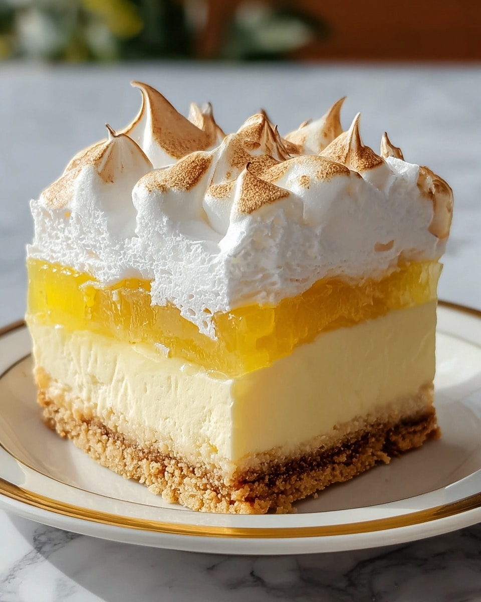 A slice of layered dessert on a white plate with a gold rim is shown. The bottom layer is a crumbly, light brown crust. Above it is a thick, pale yellow creamy layer. On top of this is a bright yellow, jelly-like layer with a shiny texture. Above this is a thick white whipped layer. The top layer consists of white meringue peaks with a toasted, light brown surface. The plate rests on a white marbled surface. Photo taken with an iphone --ar 4:5 --v 7