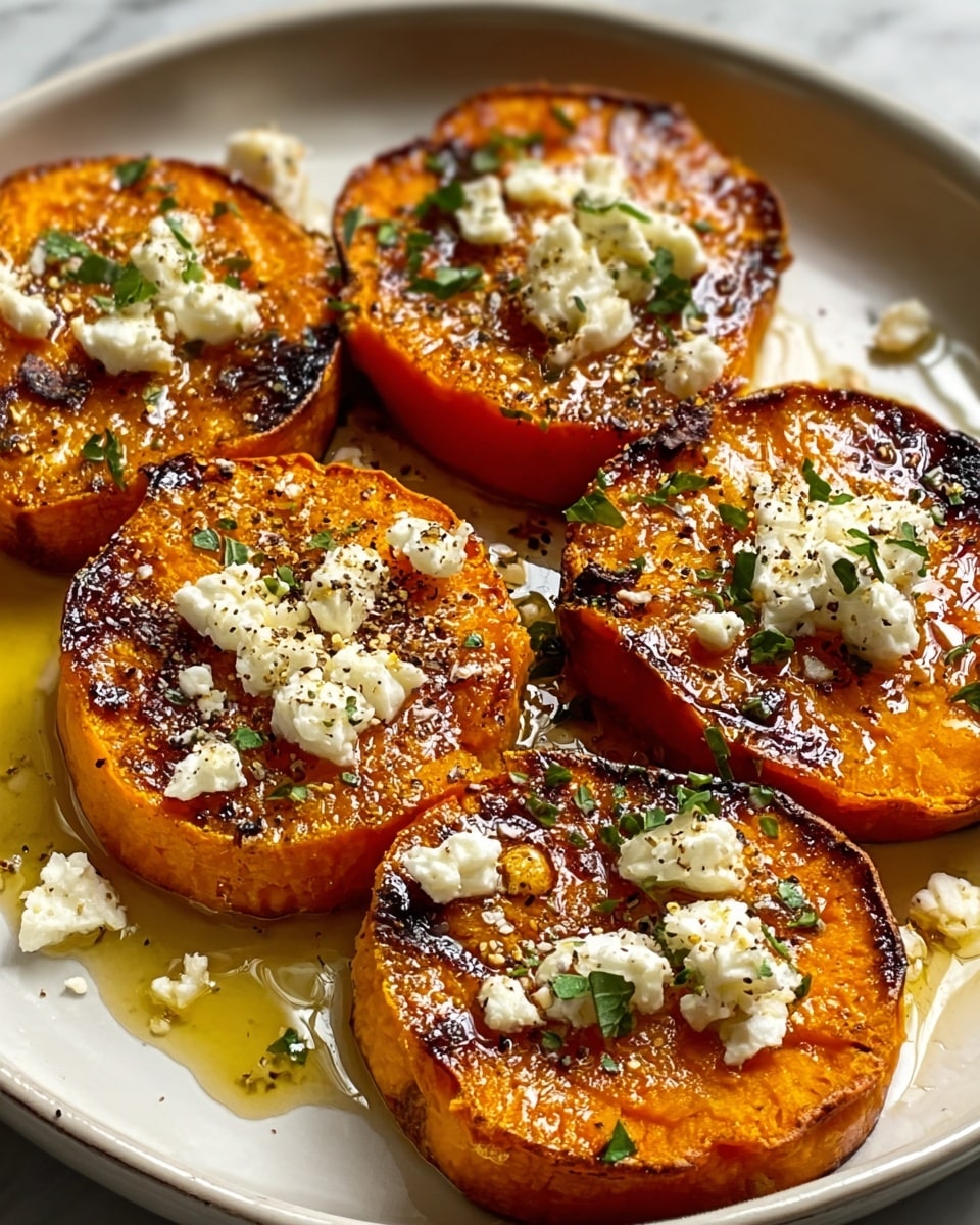 Five thick round slices of roasted orange sweet potato with slightly charred edges are arranged on a white plate with a shiny surface. Each slice has small dollops of creamy white cheese scattered on top, sprinkled with finely chopped green herbs and a dash of black pepper. There is a light drizzle of golden oil pooling around the base of the slices, adding a glossy texture. The background is a white marbled surface. Photo taken with an iphone --ar 4:5 --v 7