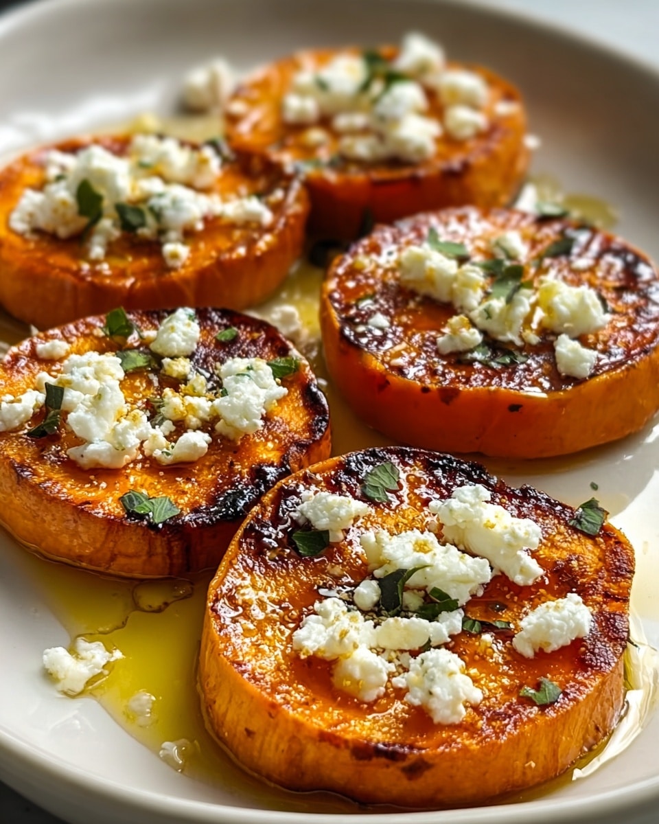 Five thick, round slices of cooked orange sweet potato are arranged on a white plate with a white marbled texture background. Each slice has a slightly charred, caramelized texture on top, with small golden-brown marks. On the top of each slice, there is a scattered layer of soft, white crumbled cheese, garnished with small green herb pieces. The entire dish is drizzled with a glossy, golden olive oil, pooling slightly around the sweet potatoes, giving a shiny and rich look. Photo taken with an iphone --ar 4:5 --v 7