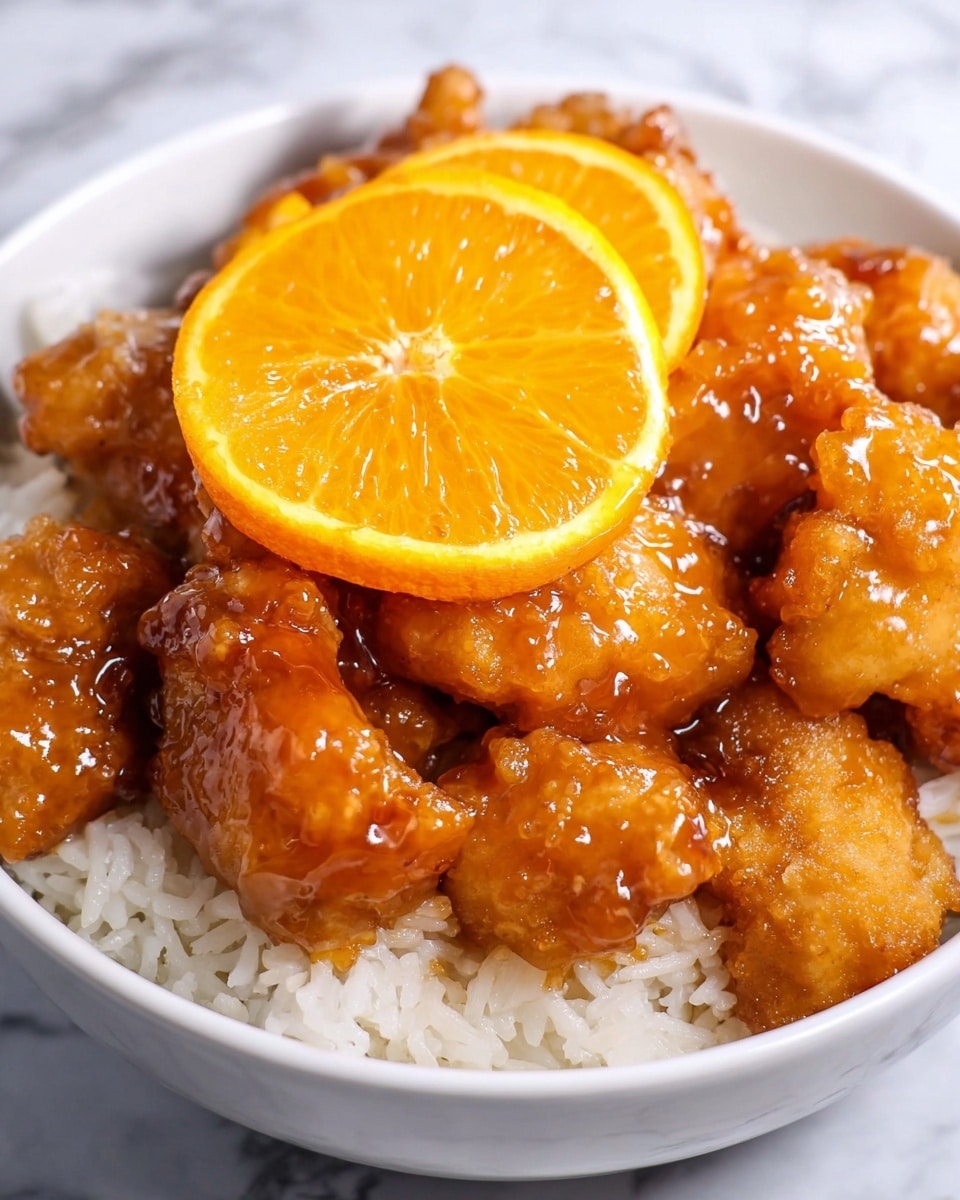 A white bowl filled with a base layer of soft, white rice topped with a generous serving of golden-brown fried chicken pieces coated in a thick, shiny orange glaze. Two bright orange slices with visible juicy segments sit on top of the chicken, adding a pop of color. The glaze looks sticky and smooth, evenly covering the chicken, highlighting its crispy texture underneath. The background is a white marbled texture. Photo taken with an iphone --ar 4:5 --v 7