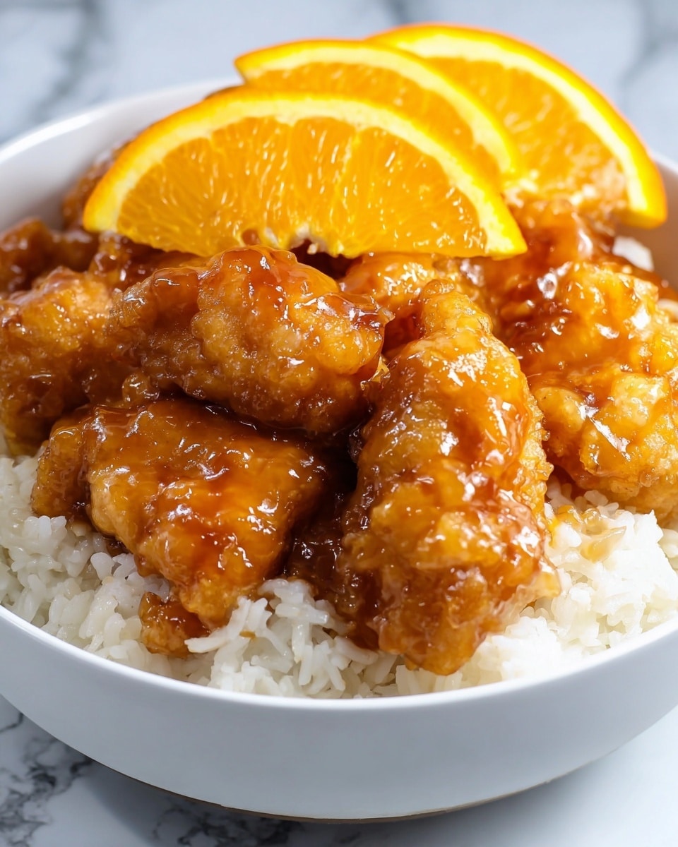 The dish shows a white bowl filled with soft, white rice as the bottom layer, topped with several pieces of golden brown fried chicken covered in shiny, sticky orange sauce, giving a glazed texture. On top of the chicken pieces, there are two bright orange slices placed as garnish, adding a fresh pop of color. The background surface is a white marbled texture. photo taken with an iphone --ar 4:5 --v 7