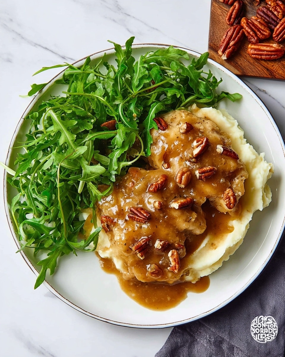 A white plate on a white marbled surface holds three main layers of food: at the bottom, there is a smooth, creamy layer of mashed potatoes in a light off-white color; on top of the mashed potatoes, there are two pieces of chicken covered in a thick, brown gravy sauce with small pieces of pecans scattered across the chicken; beside the mashed potatoes and chicken, a pile of fresh green arugula leaves adds a bright, leafy texture. Photo taken with an iphone --ar 4:5 --v 7