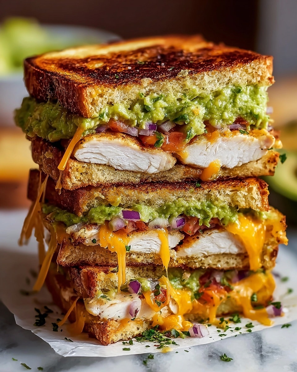 A close-up of a tall sandwich cut in half and stacked, showing four layers: the top has golden brown toasted bread with a slightly crunchy texture, beneath it a bright green chunky guacamole layer mixed with small bits of red onion and tomato; next, a layer of melted orange cheddar cheese covering thick slices of grilled white chicken breast with visible seasoning; followed by another layer of guacamole with red onion and tomato pieces; all held together by the bottom piece of toasted bread that matches the top. Small green herb sprinkles decorate the sandwich and slight cheese drips are visible. The sandwich sits on white parchment paper on a white marbled surface with a blurred background. Photo taken with an iphone --ar 4:5 --v 7