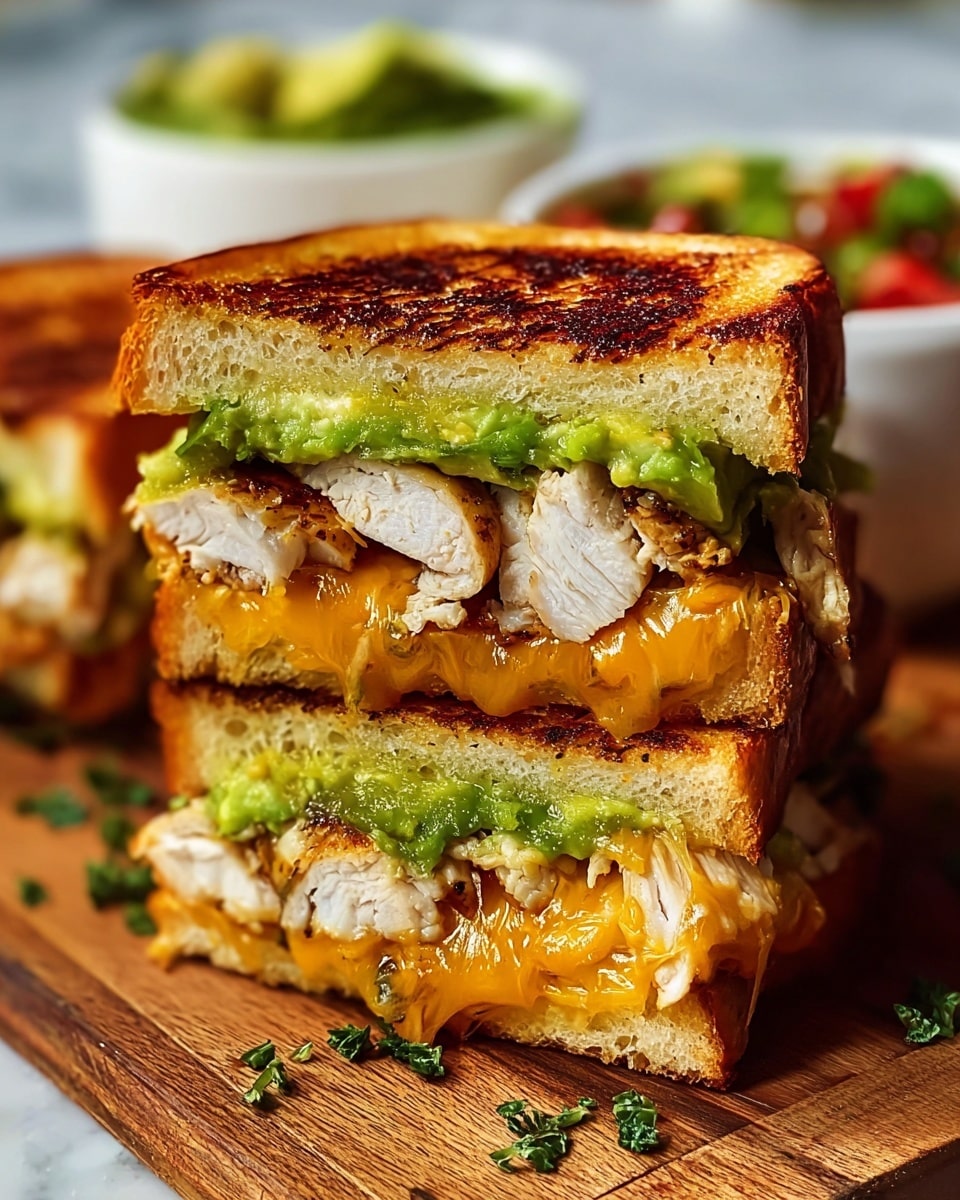 Two thick grilled sandwiches stacked on top of each other sit on a wooden cutting board with some scattered green herbs. Each sandwich shows three layers: the top and bottom are golden brown toasted bread with a crispy texture, the middle layer is juicy grilled chicken with a slightly charred look, and melted orange cheddar cheese oozing out around the edges. Above the chicken layer is a bright green layer of mashed avocado spread evenly across the bread. In the blurred background, two white bowls with green and red ingredients are visible, all set against a white marbled texture surface. Photo taken with an iphone --ar 4:5 --v 7