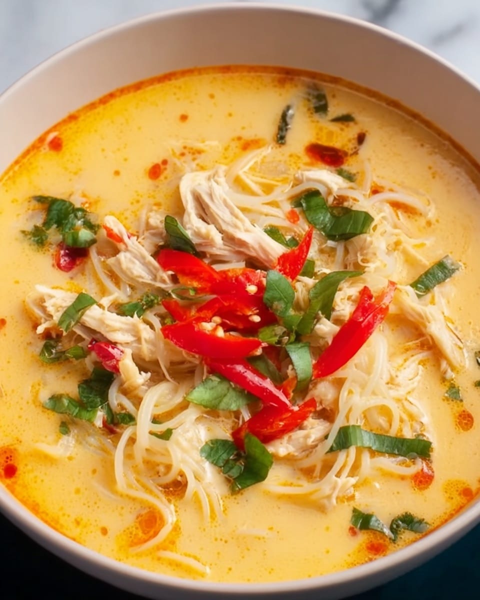 A close-up view of a bowl filled with creamy orange soup that has a smooth texture with splashes of light reflections. Inside the bowl, thin pale yellow noodles are scattered unevenly across the surface, mixed with shredded white chicken pieces. Bright red chili peppers and green leaves of fresh herbs float on top, adding color contrast. The bowl is white, placed on a white marbled surface. Photo taken with an iphone --ar 4:5 --v 7