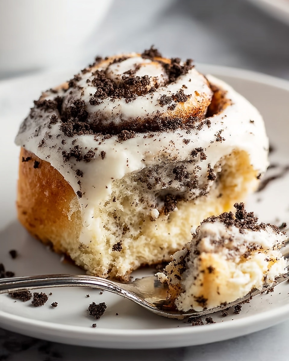 A close-up view of a cinnamon roll with three visible layers: the soft, light brown dough base forms the bottom layer, topped by a slightly darker cinnamon filling layer swirled through the roll, and a thick white icing layer smoothly spread on top, sprinkled generously with fine dark cookie crumbs. A small piece is cut out and held on a shiny silver fork resting on the white plate, with crumbs scattered around. The background is white marbled texture. photo taken with an iphone --ar 4:5 --v 7
