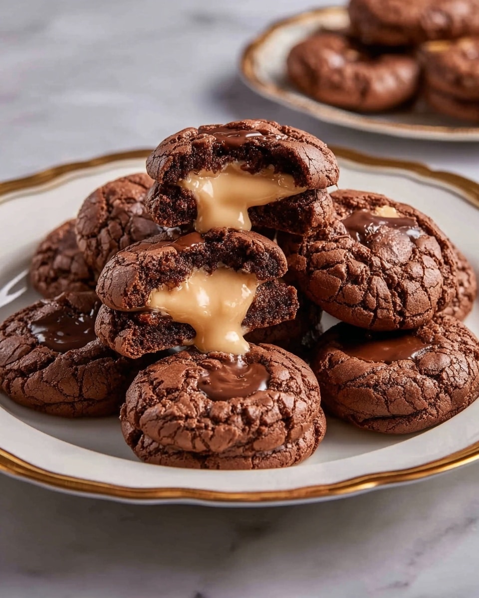 The image shows a stack of round chocolate cookies with a deep dark brown color and a cracked, chunky outer texture with chocolate chips embedded. Each cookie has a smooth, light brown creamy peanut butter filling in the center, slightly sunken and creamy, with one cookie in the middle broken open, showing the thick peanut butter filling oozing down. The cookies are placed closely together on a white plate, all sitting on a white marbled surface. The photo taken with an iphone --ar 4:5 --v 7