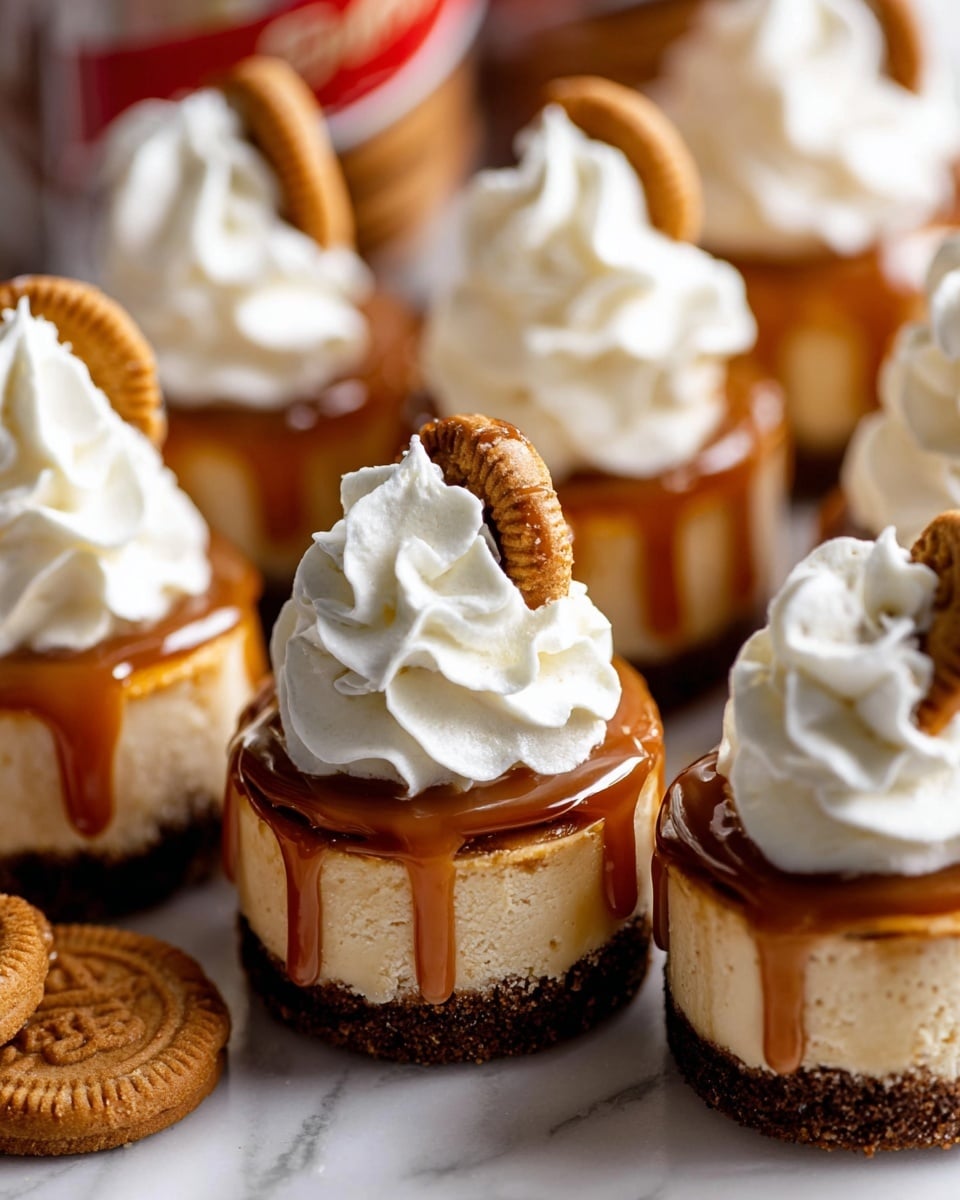 The image shows a close-up of small round cheesecakes arranged closely together on a white marbled surface. Each cheesecake has three visible layers: at the bottom is a dark brown crumbly crust, the middle layer is a light beige creamy cheesecake, and the top layer is smeared with thick, glossy caramel sauce dripping down the sides. On top of most cheesecakes is a large, soft swirl of white whipped cream with a smooth texture. Several cheesecakes have a golden brown cookie half inserted into the whipped cream. In the background, blurred packs of caramel cookies are visible. The overall look is rich and inviting. photo taken with an iphone --ar 4:5 --v 7