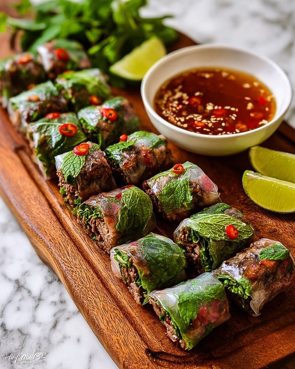 The image shows a wooden board topped with two rows of six small spring rolls each, making a total of twelve pieces. Each spring roll is wrapped in a translucent rice paper that reveals dark brown cooked meat mixed with bright green leafy herbs inside, as well as small pieces of red chili. The fresh green leaves add a vibrant contrast to the rich meat colors. On the right side of the board is a white bowl filled with a reddish-brown dipping sauce that has visible sesame seeds and chili flakes floating on top. Two lime wedges and more green herbs are placed at the back of the board, adding freshness to the presentation. The whole scene is set on a white marbled surface. photo taken with an iphone --ar 4:5 --v 7
