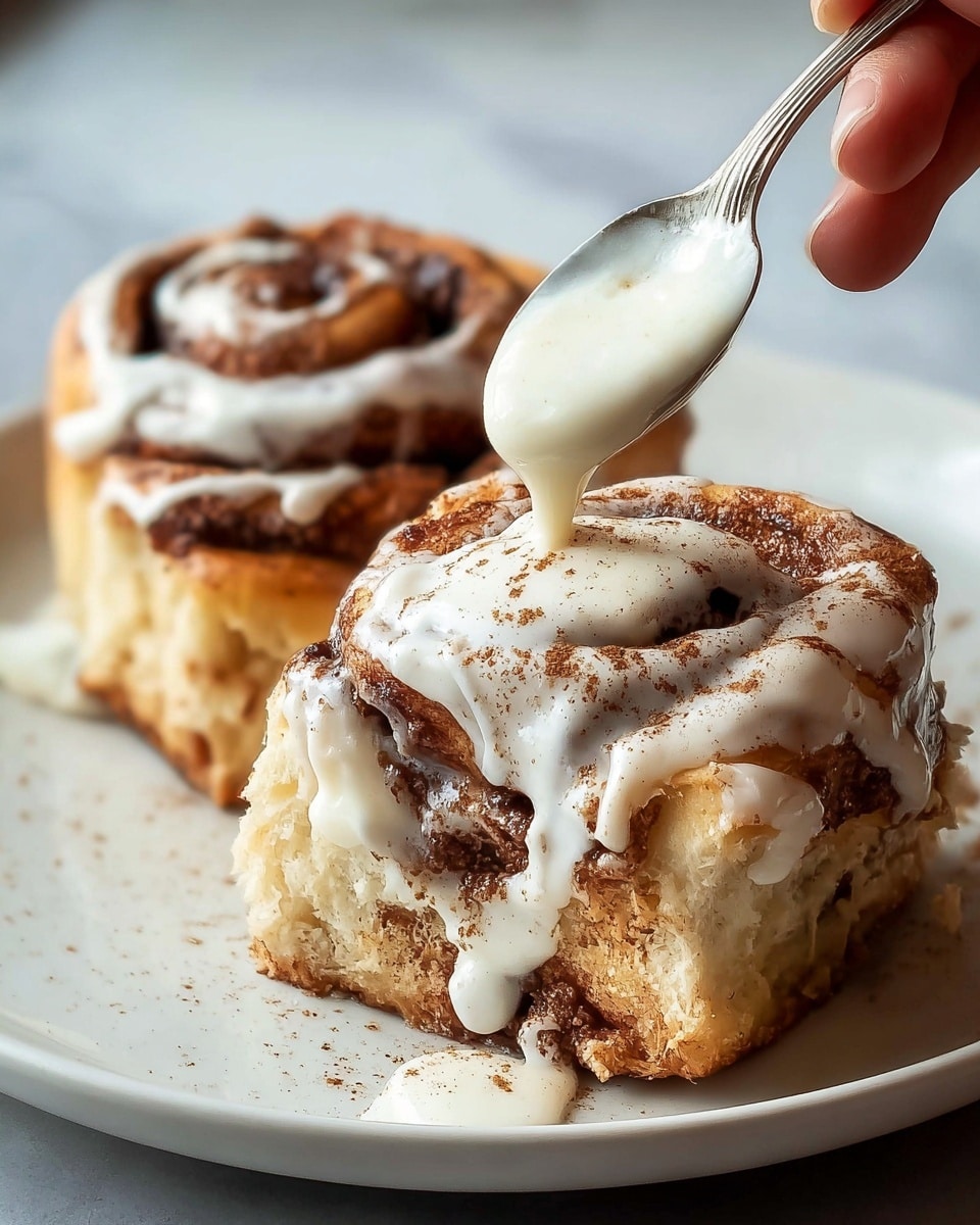 Two cinnamon rolls sit close together on a white plate placed on a white marbled surface. Each roll shows visible layers of soft, golden-brown dough with darker, rich cinnamon swirls running through them. The rolls are generously covered with thick, creamy white icing dripping down the sides. A spoon above the rolls is dripping more white icing dusted with a light sprinkle of cinnamon powder, some of which also dusts the rolls and plate. The rolls look soft and gooey with a moist texture. photo taken with an iphone --ar 4:5 --v 7