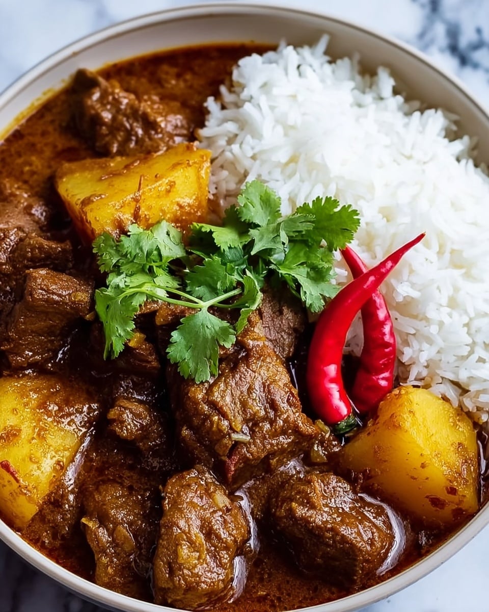 The image shows a close-up of a rich brown curry with several chunks of tender meat and large pieces of yellowish potatoes mixed throughout. On top of the curry, fresh green coriander leaves and two small whole red chilies add a touch of color and freshness. To the side of the curry, there is a mound of fluffy white rice, creating a clean contrast against the thick sauce. All the ingredients are placed in a white bowl, set on a white marbled surface. photo taken with an iphone --ar 4:5 --v 7