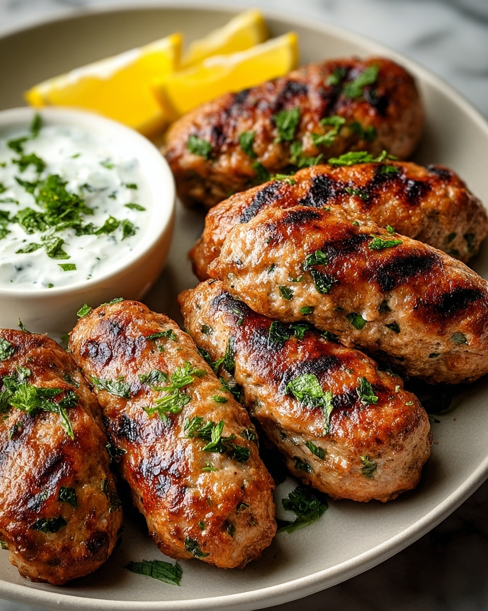 The image shows six grilled kofta pieces placed closely on a large white plate with a smooth texture; each kofta is golden brown with grill marks and sprinkled with chopped fresh green herbs. At the back right of the plate are two wedges of bright yellow lemon, partially resting against the kofta. Towards the back left, there is a small white bowl filled with a creamy white sauce garnished with green herbs. The background is a white marbled texture. photo taken with an iphone --ar 4:5 --v 7