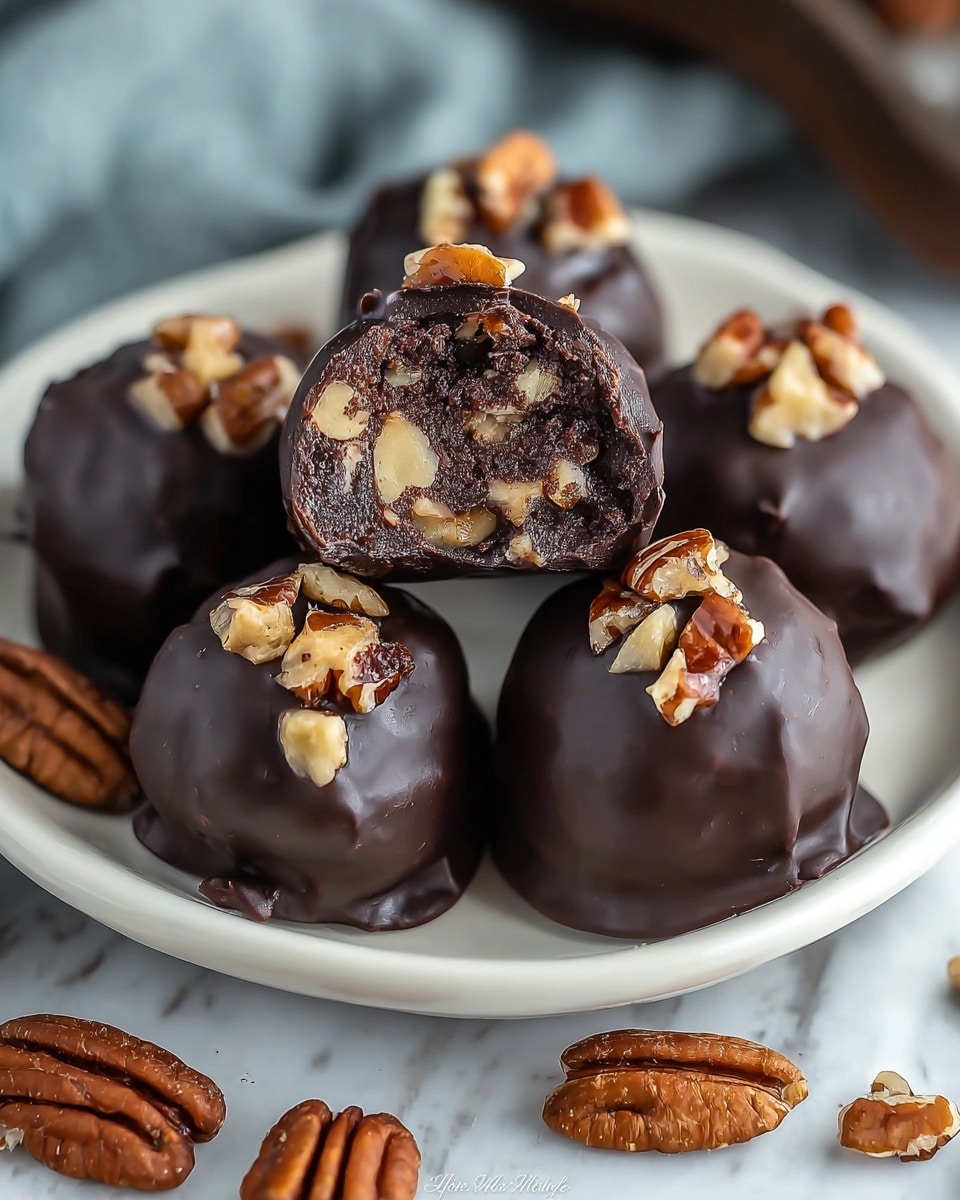 A white plate holds several round chocolate truffles, each coated in smooth dark chocolate with a shiny finish. The truffles are topped with pieces of pecans that add a rough, textured contrast to the smooth chocolate. One truffle is cut in half, showing a dense, dark brown interior filled with whole and chopped nuts in golden and brown shades, giving a rich, chunky look. The plate sits on a surface with a white marbled texture, and extra pecan halves are scattered around for decoration. Photo taken with an iphone --ar 4:5 --v 7