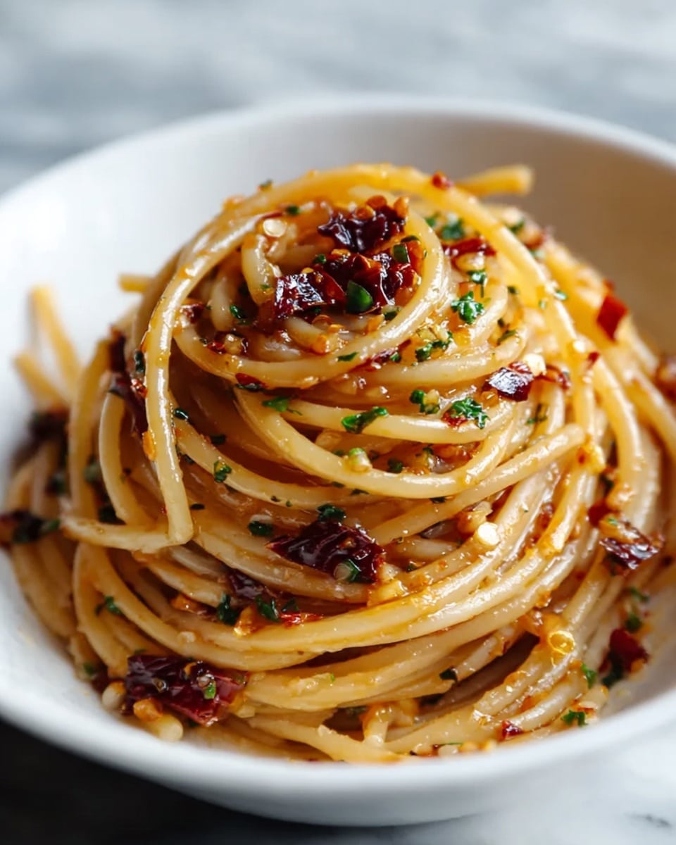 A close-up view of a dish of spaghetti neatly twirled into a small mound on a white bowl. The pasta is coated in a shiny, light brown sauce with visible bits of garlic and chili flakes, giving it a slightly oily texture. Scattered on top and throughout the spaghetti are small pieces of dark red dried chili and a sprinkling of finely chopped green herbs, adding color contrast. The bowl is set on a white marbled surface, highlighting the warm tones of the pasta. photo taken with an iphone --ar 4:5 --v 7