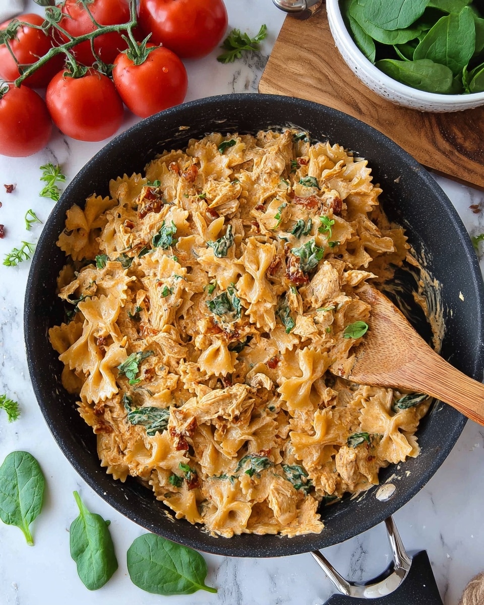 A black pan filled with creamy pasta featuring three visible layers: the bottom layer is orange cream sauce mixed thoroughly with the second layer of light orange bow-tie pasta, sprinkled evenly with green spinach pieces, and the top layer shows browned bits of chicken and herbs mixed in. A wooden spoon is inserted on the right side, stirring the pasta. Surrounding the pan, there are bright red tomatoes attached to green stems on a wooden board, a small white bowl filled with green salad on the upper right, and scattered spinach leaves on a white marbled table. Photo taken with an iphone --ar 4:5 --v 7