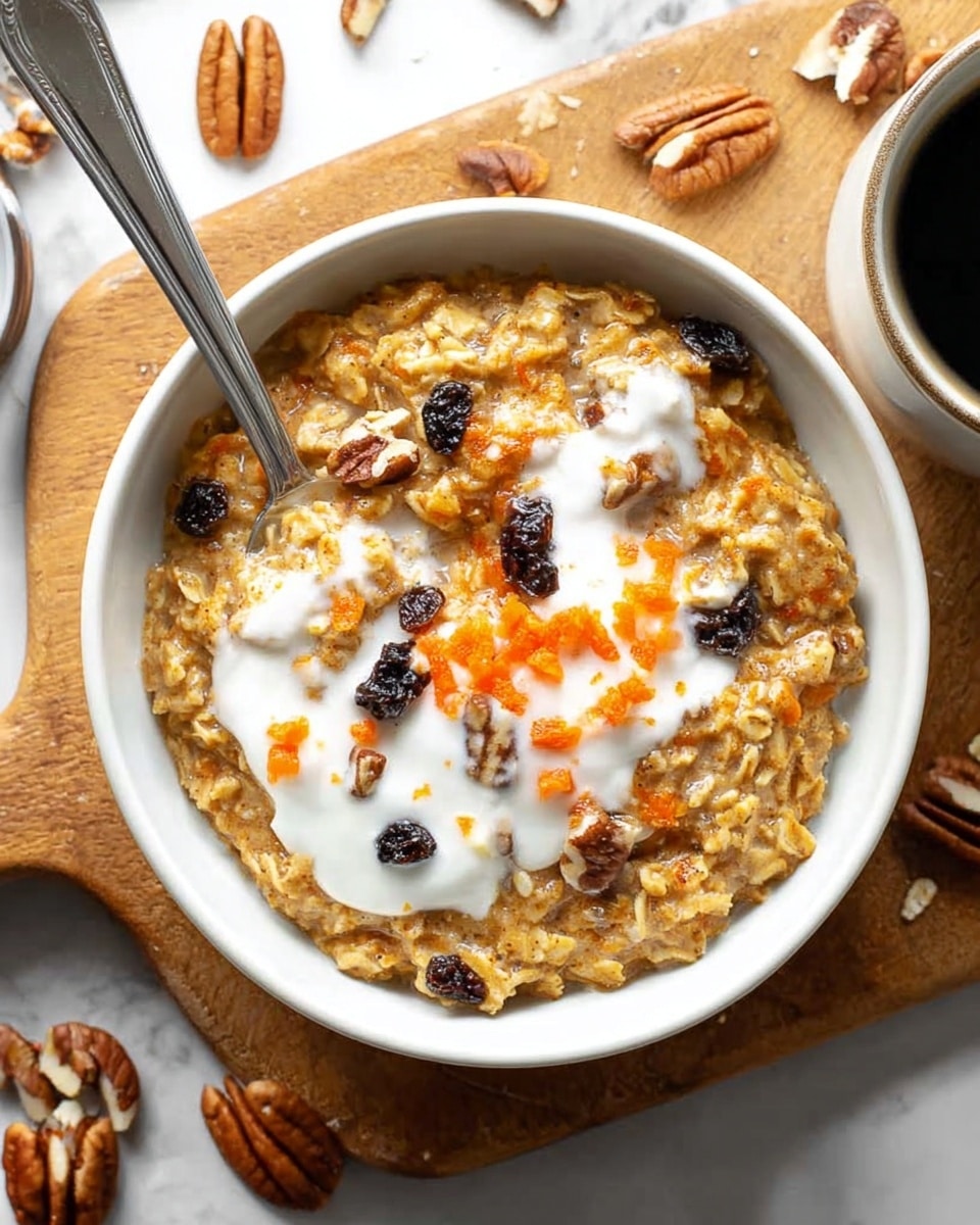 A white bowl filled with oatmeal that has a thick, chunky texture and golden-brown color. The oatmeal is topped with a creamy white layer of yogurt spread unevenly over it. On top of the yogurt, there are scattered dark raisins, small pieces of pecans, and bright orange grated carrot bits. A silver spoon rests inside the bowl, slightly submerged in the oatmeal. The bowl sits on a wooden board with scattered pecan pieces and a cup of black coffee nearby, all on a white marbled surface. photo taken with an iphone --ar 4:5 --v 7