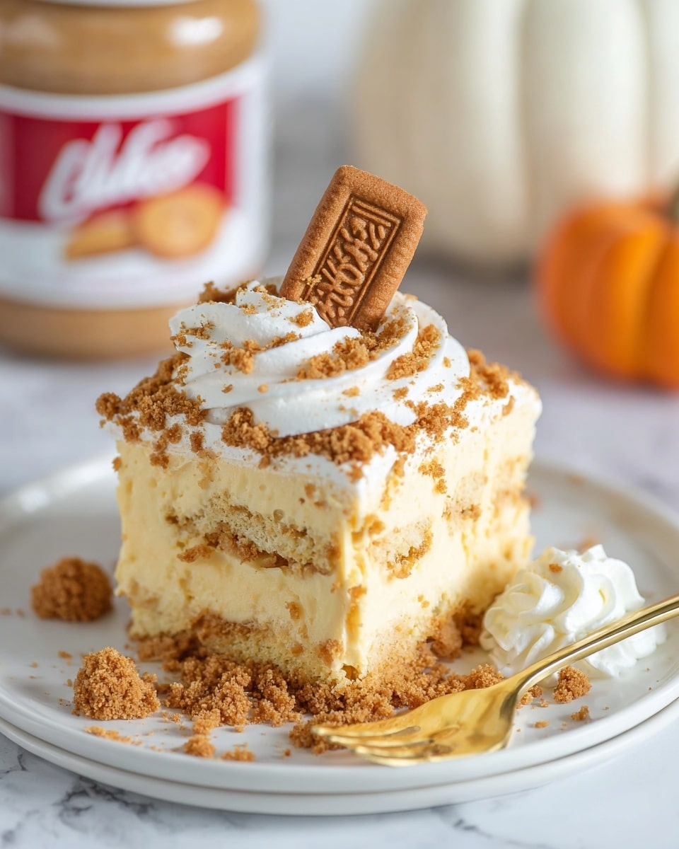 The image shows a square piece of creamy layered dessert on a white plate with a gold fork next to it. The cake has three layers: a bottom light yellow sponge cake layer, a middle light beige creamy custard layer, and a top layer of crumbled brown cookie bits. On top of the dessert is a swirl of white whipped cream sprinkled with cookie crumbs, and a single rectangular brown cookie is placed upright in the whipped cream. Some additional cookie crumbs and a small dollop of whipped cream sit on the plate around the dessert. The background is a white marbled texture with a blurred jar of red-labeled cookie spread and a white pumpkin with orange stripes. Photo taken with an iphone --ar 4:5 --v 7