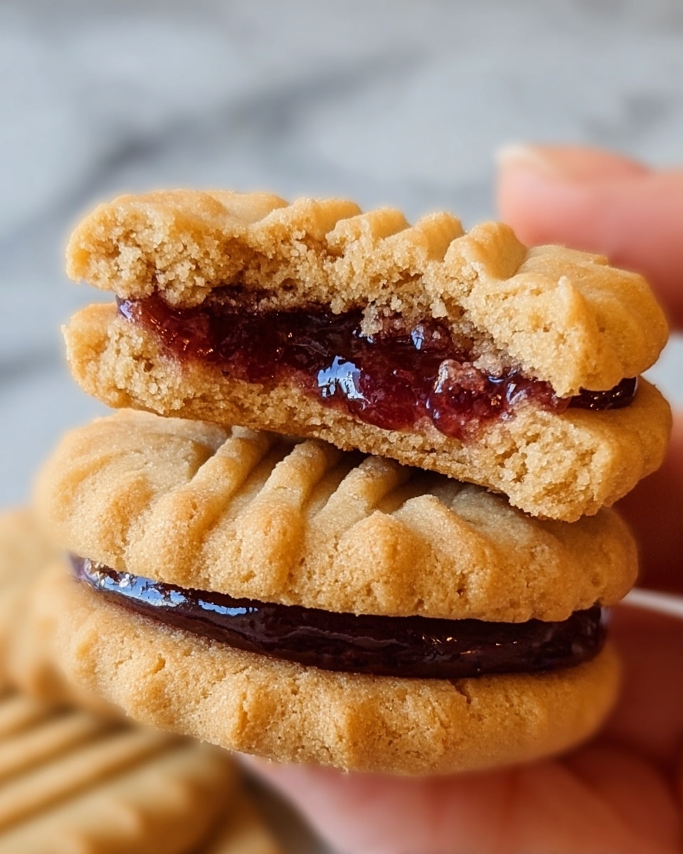 A close-up of two sandwich cookies held by a woman's hand, showing three layers: the top and bottom layers are golden-brown textured cookies with ridges on top, and the middle layer is a glossy dark red jam filling that looks sticky and smooth. The top cookie is bitten to reveal the jam inside, and the cookies have a crumbly appearance. The background is a white marbled texture. photo taken with an iphone --ar 4:5 --v 7