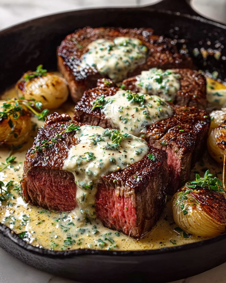 A close-up view of a thick steak cut into four pieces while still in a black cast-iron skillet. The steak has a dark brown, well-seared crust on the outside and a pinkish-red center that looks juicy. On top of each piece, there is a creamy white sauce with green herbs scattered throughout. The sauce pools around the steak in the pan, with whole roasted small onions visible on the side, also garnished with herbs. The texture of the steak looks tender and the sauce glossy and smooth. The skillet sits on a white marbled surface. photo taken with an iphone --ar 4:5 --v 7