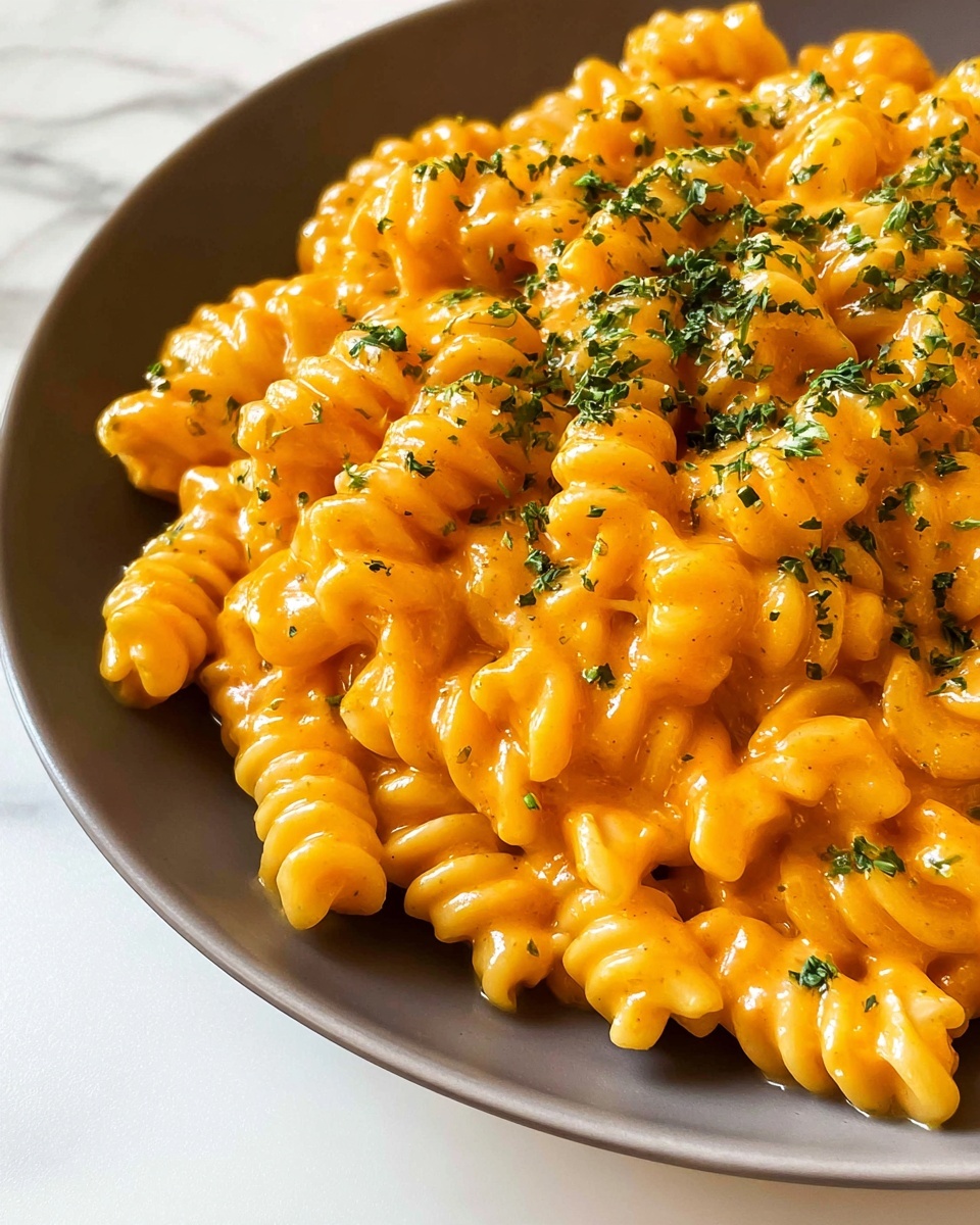 A close-up of creamy orange pasta spirals covered in a thick, smooth cheese sauce with small bits of green herbs sprinkled evenly on top, served on a white plate resting on a white marbled surface. The pasta looks soft and well-coated, with the herbs adding a fresh contrast to the rich sauce. photo taken with an iphone --ar 4:5 --v 7