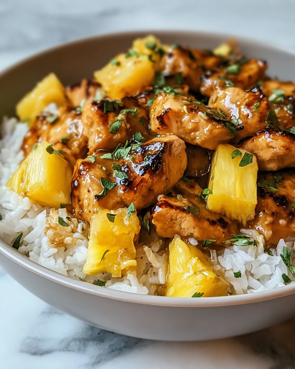 The image shows a close-up of a bowl filled with white rice as the bottom layer, topped with pieces of golden-brown grilled chicken covered in a glossy sauce, giving them a shiny and slightly charred look. Scattered among the chicken pieces are bright yellow pineapple chunks that look juicy and fresh. Small green herb leaves are sprinkled over the dish, adding a pop of color and freshness. The bowl itself is white and sits on a white marbled texture surface. photo taken with an iphone --ar 4:5 --v 7