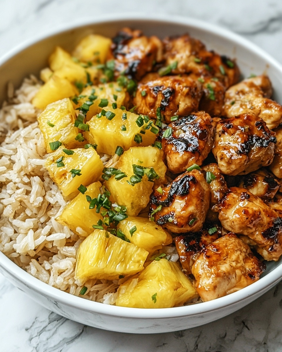 A white bowl filled with two main layers: the bottom layer is light brown cooked rice with some grains visible, and the top layer has grilled golden-brown chicken pieces with char marks, mixed with bright yellow pineapple chunks that are shiny and juicy. Small green herb pieces are sprinkled evenly on top, adding contrast in color. The bowl sits on a white marbled texture surface. photo taken with an iphone --ar 4:5 --v 7