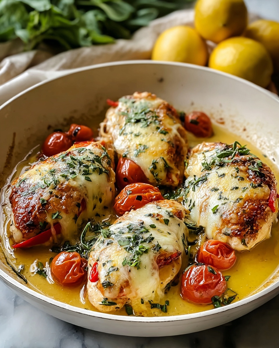The dish shows four stuffed chicken breasts in a white round pan, each breast topped with a melted golden cheese layer that bubbles and browns slightly, with visible herbs scattered on top. Inside each chicken breast, there is a red pepper or tomato layer, adding a bright contrast. The chicken breasts sit in a light yellow sauce with some small cherry tomatoes placed in the pan, giving red and yellow pops of color. The whole dish is garnished with fresh green herbs, and the pan is resting on a white marbled surface, with blurred fresh lemons and greens in the background. photo taken with an iphone --ar 4:5 --v 7