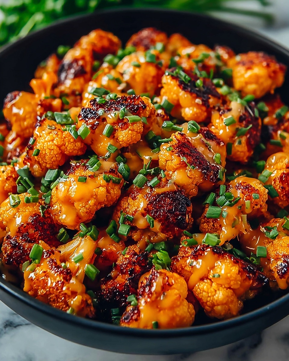 A black bowl filled with many small golden brown cauliflower bites that are crispy and have a slightly charred texture. Each bite is coated with a shiny, creamy light orange sauce and topped with vibrant green chopped chives scattered evenly across the dish. The bowl sits on a white marbled surface, with fresh green herbs blurred in the background. photo taken with an iphone --ar 4:5 --v 7