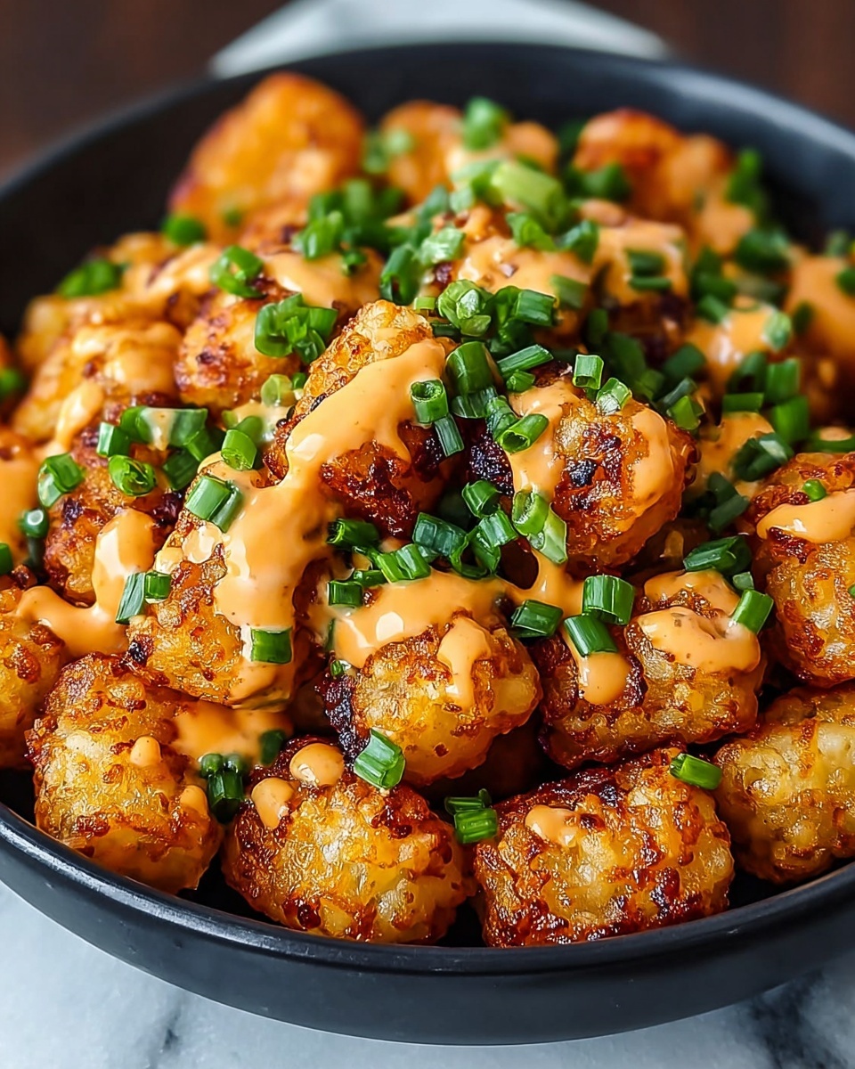 A black bowl filled with many small, golden-brown tater tots that have a crispy, slightly bumpy texture, each topped with smooth, light orange sauce drizzled unevenly on top. The dish is garnished with bright green chopped scallions scattered generously over the tater tots. The bowl rests on a white marbled surface, adding a clean contrast to the rich colors of the food, photo taken with an iphone --ar 4:5 --v 7