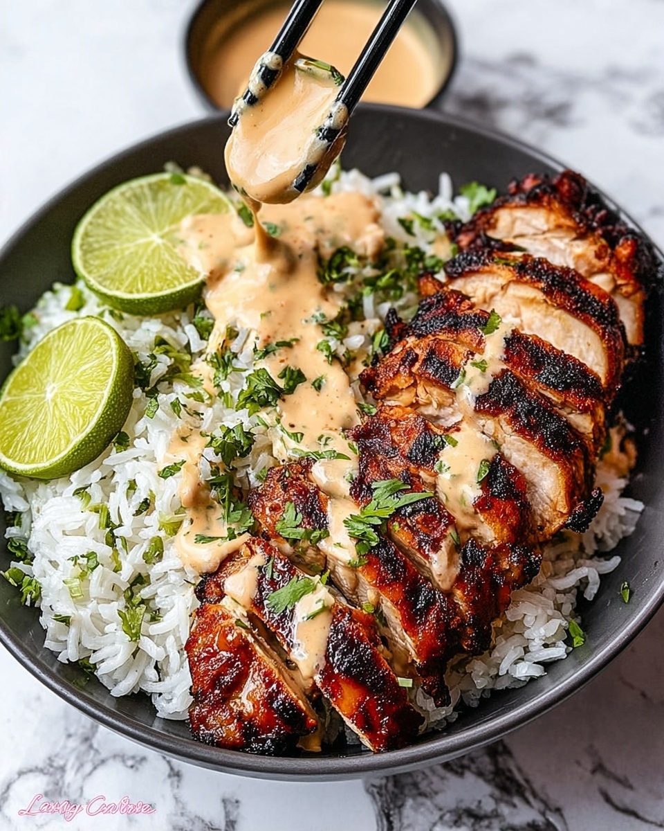 The image shows a bowl with white rice mixed with chopped green herbs on the left side, lime wedges placed on top of the rice, and sliced grilled chicken on the right side covered with a creamy light brown sauce with herbs sprinkled over it. The chicken has a charred, dark brown crust with visible grill marks and is held above the bowl by black chopsticks. The bowl itself is dark, set on a white marbled surface, with a small cup of sauce in the background. photo taken with an iphone --ar 4:5 --v 7