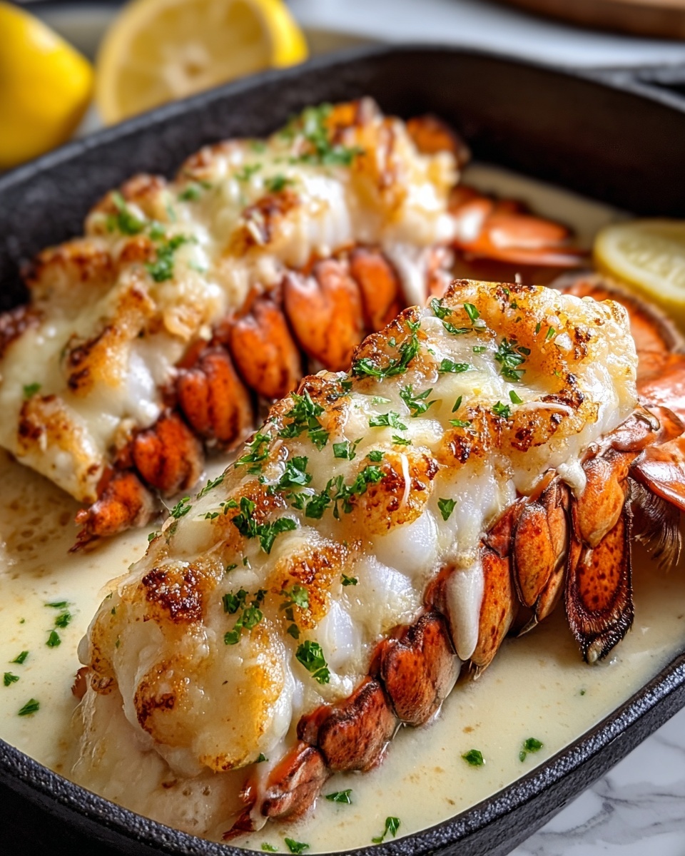 The image shows a close-up of baked lobster tails arranged in a row inside a dark baking tray. Each lobster tail has a reddish-brown shell base with white flesh peeking through the gaps. On top of the lobster meat is a thick layer of golden-brown, slightly crispy cheese and breadcrumb mixture, browned more on the edges, with small green herb bits sprinkled over it. The baking tray holds creamy, light beige liquid sauce around the lobster tails. The whole scene is set on a white marbled textured surface. photo taken with an iphone --ar 4:5 --v 7
