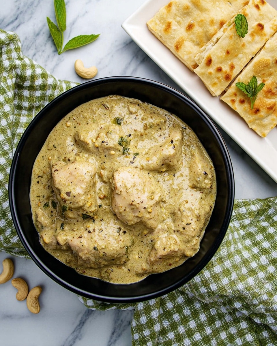 The image shows a black bowl filled with several large pieces of chicken covered in a thick, creamy, pale green curry sauce with visible small herbs and spices. To the right of the bowl, there is a white rectangular plate with neatly stacked pieces of golden-brown flatbread cut into squares, garnished with a few small green herb leaves. The bowl and plate rest on a white marbled surface, and there is a green and white checkered cloth with a few cashews scattered beside the bowl. The overall presentation is clean and inviting. photo taken with an iphone --ar 4:5 --v 7