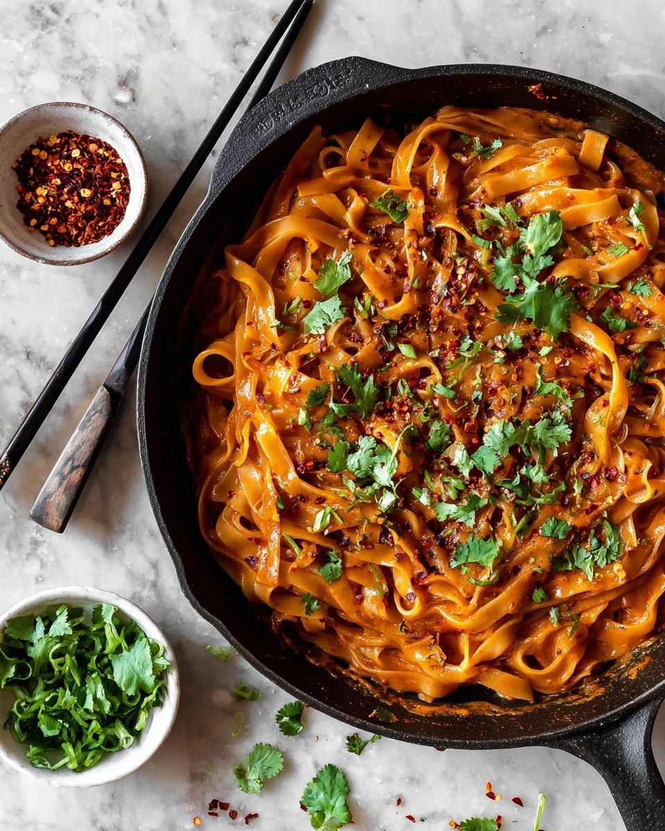 A black skillet holds flat noodles coated in a thick, rich orange-red sauce, with herbs and red chili flakes mixed in. The noodles are generously garnished with fresh green cilantro leaves scattered on top. Next to the skillet, there are two small white bowls: one with chopped cilantro and the other with red chili flakes. Black chopsticks rest beside the skillet on a white marbled surface, with some green herb bits sprinkled around. photo taken with an iphone --ar 4:5 --v 7