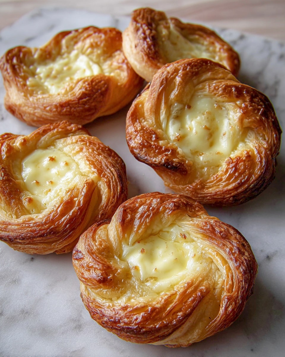 The image shows five small round cheese Danish pastries arranged on a white marbled surface. Each Danish has a golden-brown outer layer of crispy, flaky dough twisted and folded around a creamy, pale yellow cheese filling in the center. The filling is smooth with tiny specks, and the pastries have multiple thin, layered dough folds that create a textured look. The Danishes vary slightly in shape, some more rounded and others slightly elongated, with the glossy baked edges contrasting with the soft cheese inside. photo taken with an iphone --ar 4:5 --v 7