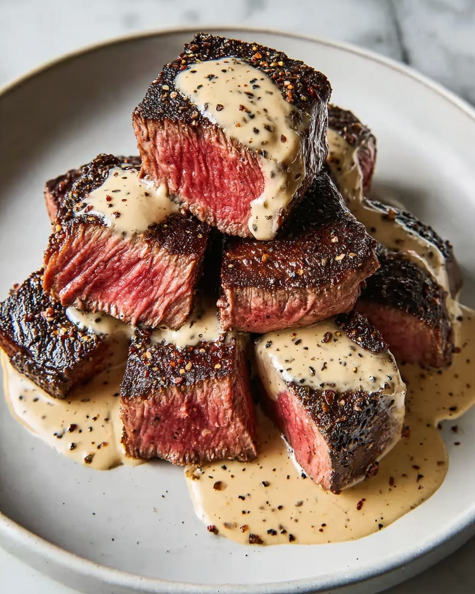 A white plate on a white marbled surface holds thick slices of steak, cooked rare with a dark brown seared crust and a pink center. The steak pieces are stacked in an uneven pile, still covered in a creamy beige pepper sauce dotted with crushed black pepper, which partially drips onto the plate. The sauce has a smooth texture and covers the top center of the meat, creating a rich contrast against the steak's charred edges and juicy pink inside. Photo taken with an iphone --ar 4:5 --v 7