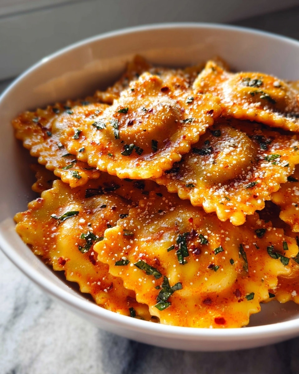 A close-up of a white bowl filled with about two layers of ravioli covered in a rich, reddish-orange sauce. The ravioli pieces are irregularly stacked, each showing a slightly ruffled edge with a soft, golden-yellow pasta texture. The surface of the ravioli is speckled with finely chopped green herbs and sprinkled with white grated cheese. The sauce glistens under warm light, adding a moist shine to the pasta while small flecks of red spice are visible on top. The background is a white marbled texture. photo taken with an iphone --ar 4:5 --v 7