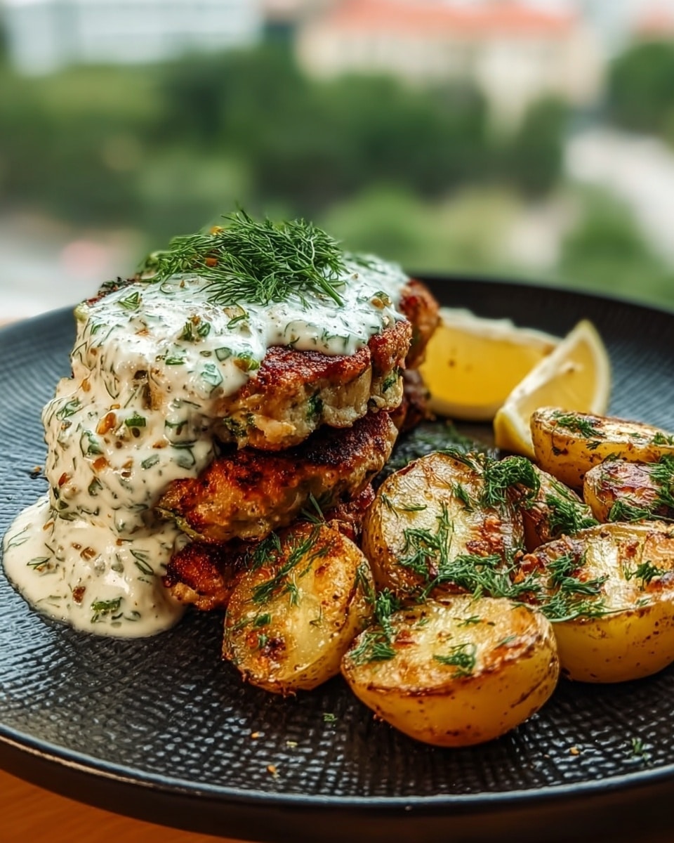 A black textured round plate holds a dish with two main parts. On the left, there are three stacked pieces of golden-brown grilled patties that show some green herbs inside. On top of the patties is a thick white sauce mixed with small green herb bits, spread unevenly across all three layers with fresh dill sprigs on top. On the right side of the plate, there are several halved roasted potatoes with a golden crispy surface, sprinkled with fresh green herbs. In the background, there are two lemon wedges adding a bright yellow touch. The image is set against a blurred green and building background. Photo taken with an iphone --ar 4:5 --v 7