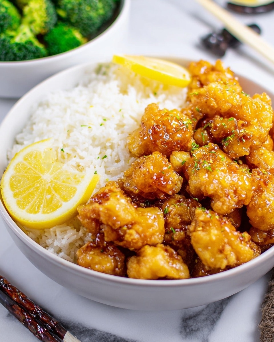 The image shows a white bowl filled with three main layers. The bottom layer is white rice with a soft, fluffy texture, covering about half of the bowl on the left side. The second layer is golden brown fried chicken pieces placed thickly over the rice, with a shiny, sticky glaze making the chicken look moist and crispy, covering most of the right side of the bowl. On top and around the chicken, there are small lemon wedges adding a bright yellow contrast. The bowl is placed on a white marbled surface, with part of a broccoli dish in a white bowl and white chopsticks visible in the background. photo taken with an iphone --ar 4:5 --v 7
