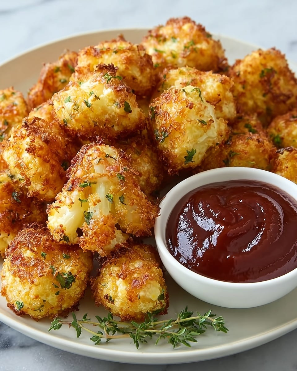 A white plate filled with golden-brown crispy fried cauliflower bites, each piece showing some green herb bits baked into the surface, piled in the center of the plate. Next to the cauliflower, on the right side, there is a small white bowl filled with rich dark red barbecue sauce, thick and glossy. A small green sprig, possibly thyme, sits at the front edge of the plate beside the bowl. The background is a white marbled texture. photo taken with an iphone --ar 4:5 --v 7