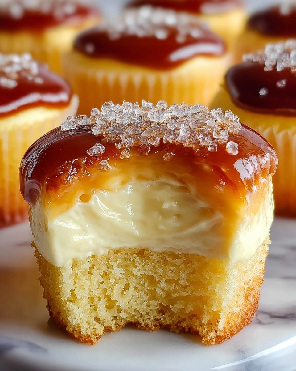 The image shows a close-up of a small cupcake with three clear layers. The bottom layer is a golden yellow sponge cake with a soft, crumbly texture. The middle layer is a thick, creamy, pale yellow custard that looks smooth and rich. The top layer is a glossy caramel sauce with a dark amber color, sprinkled with coarse sugar crystals that sparkle in the light. The cupcake is placed on a white plate with a white marbled texture in the background. Several similar cupcakes appear blurred in the background. Photo taken with an iphone --ar 4:5 --v 7