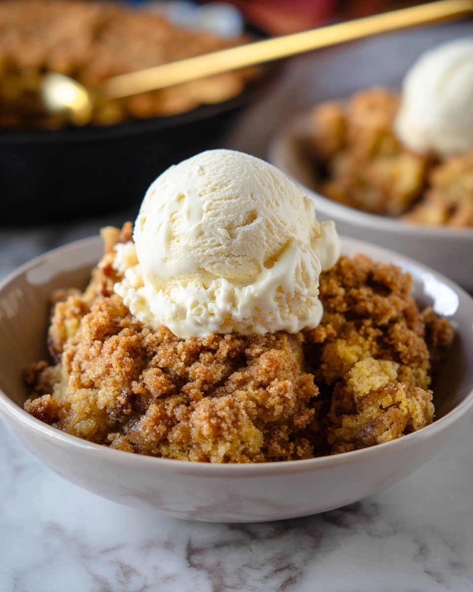 A close-up of a dessert in a white bowl showing two main layers: the bottom layer is soft and moist with a golden yellow color mixed with brown crumble pieces, creating a textured look; the top layer is a thick, rough, golden brown crumbly topping. On top of this, there is one scoop of creamy, pale off-white vanilla ice cream with a smooth and slightly fluffy texture. In the background, there is another bowl with the same dessert blurred out and a golden spoon just visible. The scene is set on a white marbled surface. photo taken with an iphone --ar 4:5 --v 7